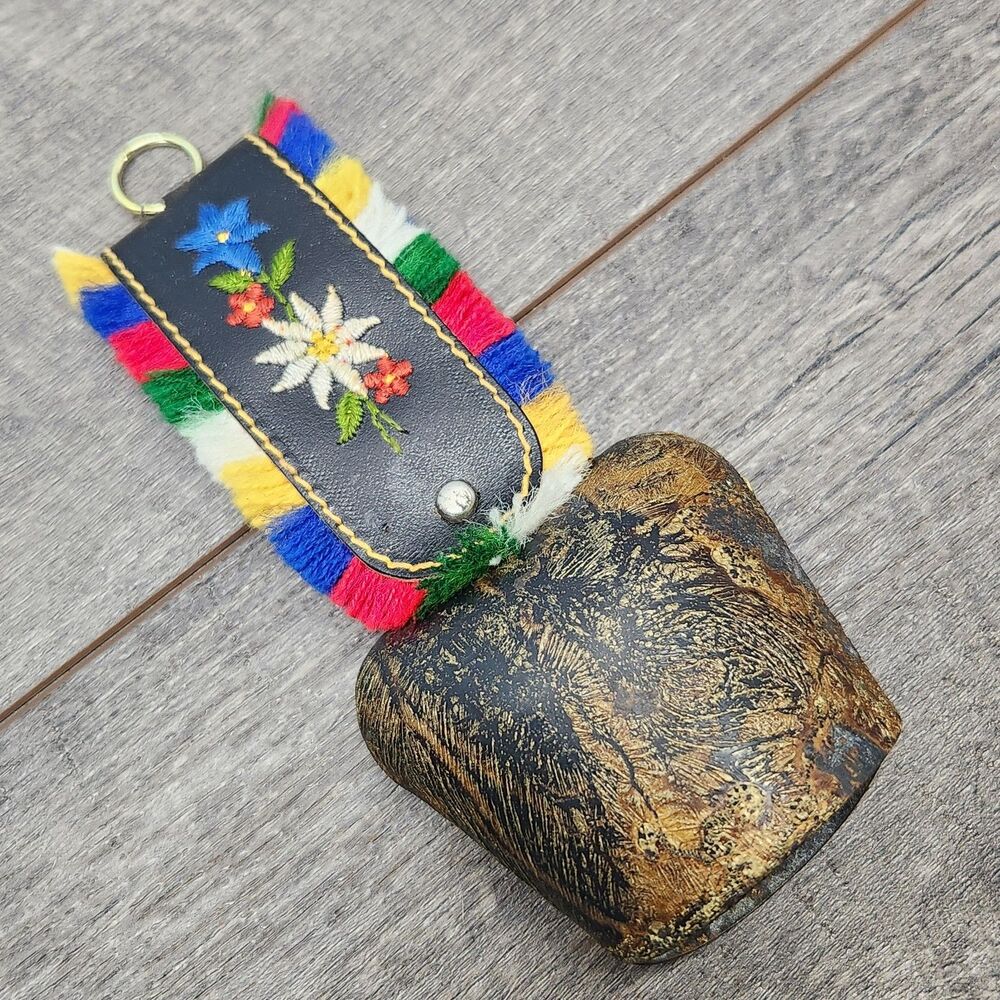 Antique Vtg Swiss Austrian German Metal Cow Bell Hand Wrought Embroidered Strap